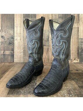 Vintage Unbranded Gray Caiman Tail Round Toe Cowboy Boots Mens 9 EE